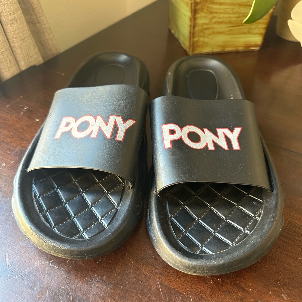 Pony Black Slide Sandals with White and Red Logo